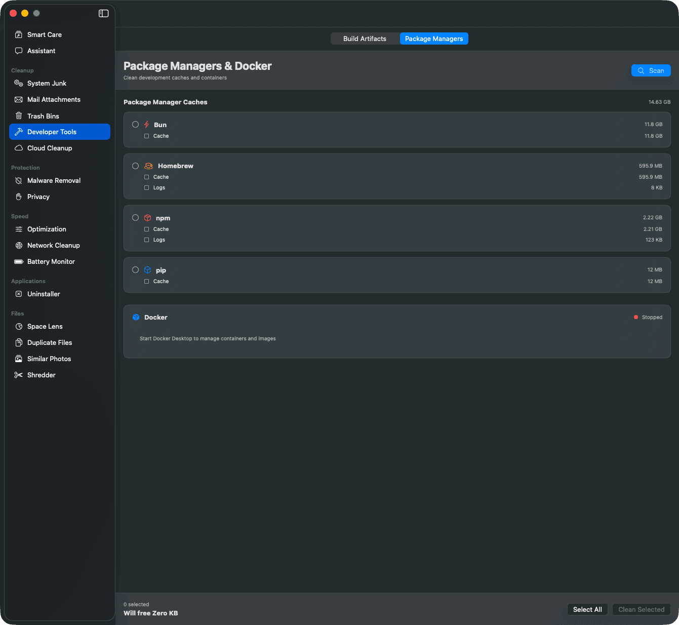 MacSweep package manager cache cleanup