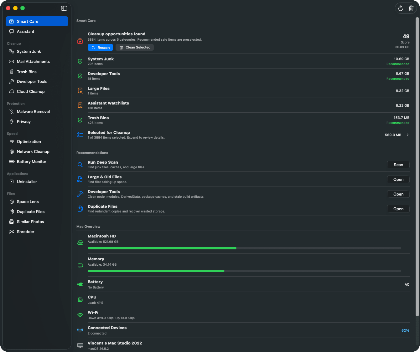 MacSweep Smart Care scan results with cleanup categories and reclaimable space