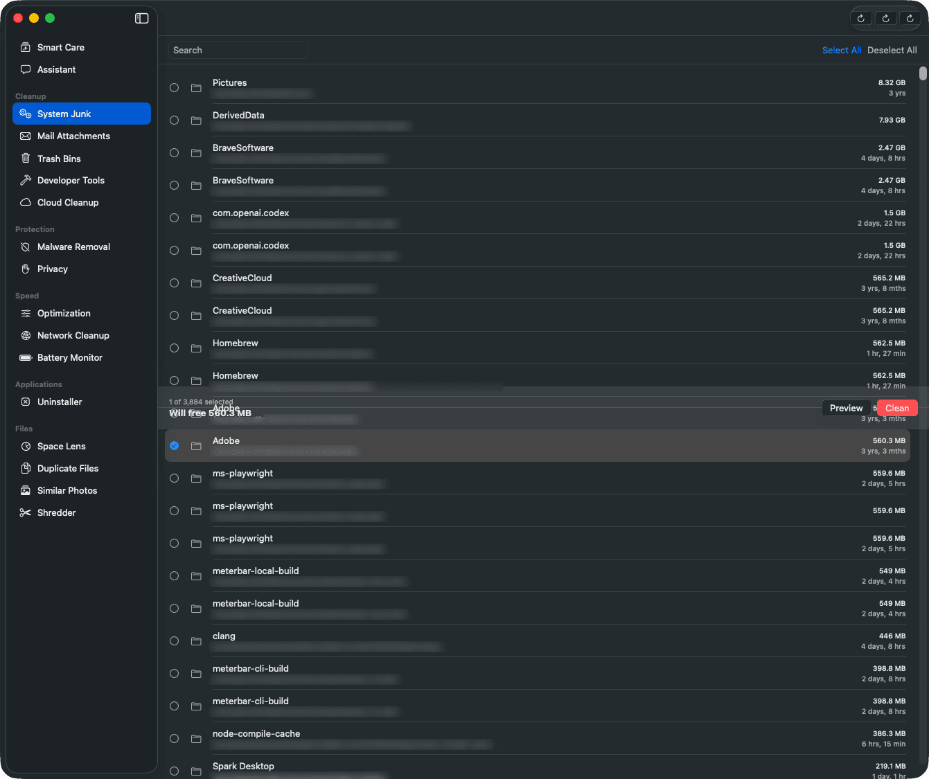 MacSweep System Junk scan listing caches with sizes